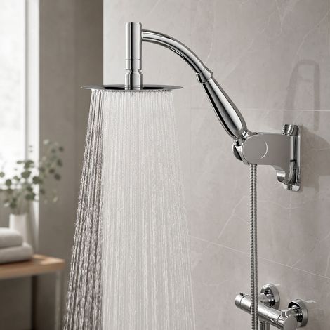 Pomme de douche ronde 6 pouces en acier inoxydable 304 avec douchette à main, tuyau flexible 1,5m et support mural, haute pression anti-calcaire (1/5)