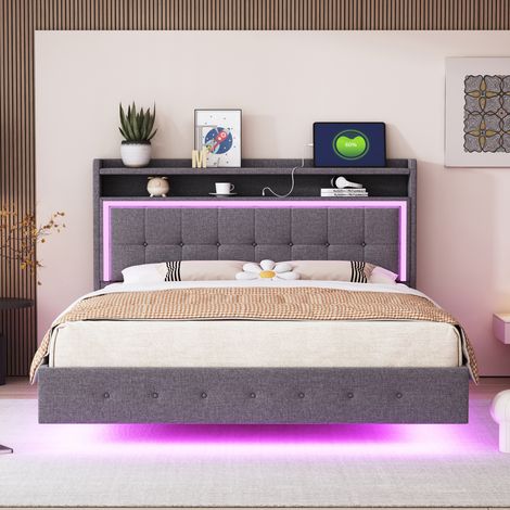 Lit rembourré 140200,avec prise USB et lumière LED,lit placable à la tête du lit,design de pied caché,lit double plat,tissu en lin gris
