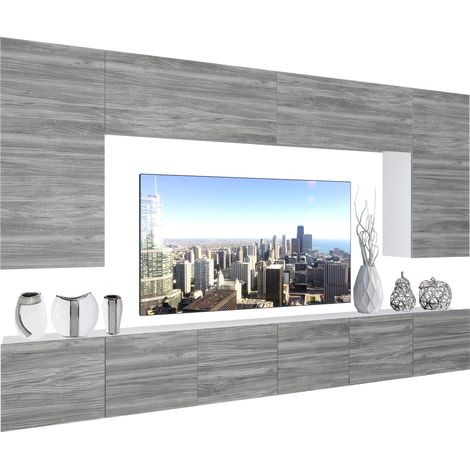 Belini – Ensemble meuble TV mural NEX I – Dimensions 300 x 180 x 36 cm – Finition chêne Glamour – Éclairage LED multicolore télécommandé (1/5)