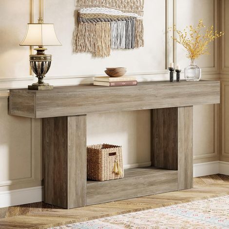 Tribesigns – Table console 160 cm – Base en U – 2 niveaux – MDF E1 gris clair – Parfaite pour salon, couloir, foyer (1/5)