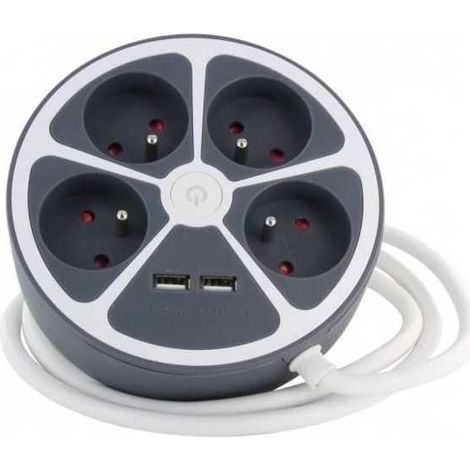 Chacon Multiprise bureau 16A.250V-Max 3680W  4x16A+2USBA cable 1,5m- Couleur gris -Interrupteur