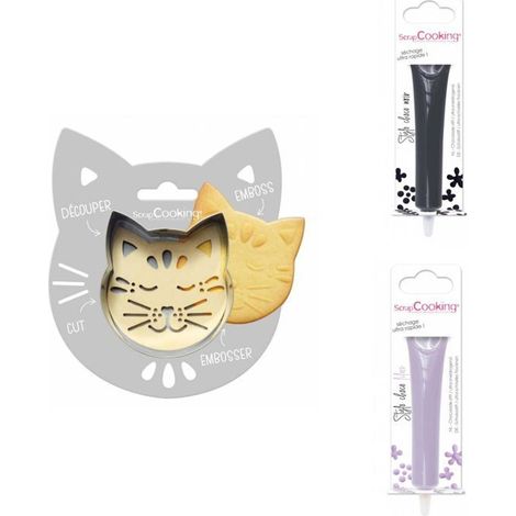 Kit pour biscuit en relief Chat + 2 Stylos au chocolat noir et lilas