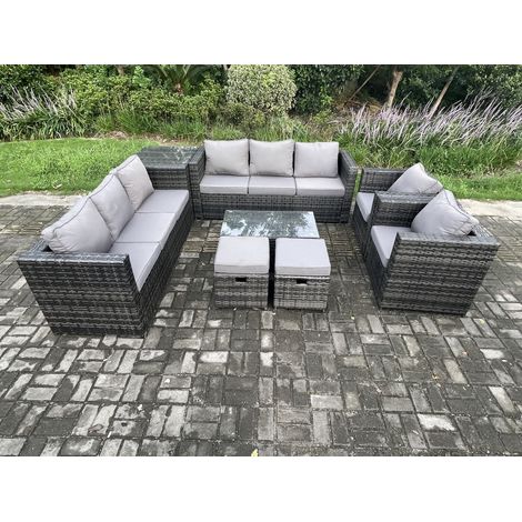 Fimous Outdoor Lounge Sofa Set Wicker PE Rattan Garden Furniture Set with 2 Armchairs Oblong Coffee Table Side Table 2 Small Footstools Dark Grey Mixed (1/4)