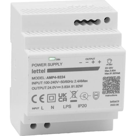 LETTEL - Alimentation 230Vca/12Vcc, puissance 85W. Fixation rail-din, largeur 4 modules. - AMP4-85-12