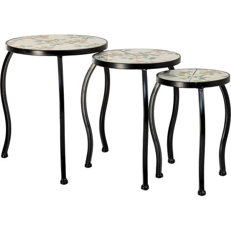 Soporte set 3 pzas de mosaico y forja beige 33x33x37h-28x28x33h-23x23x