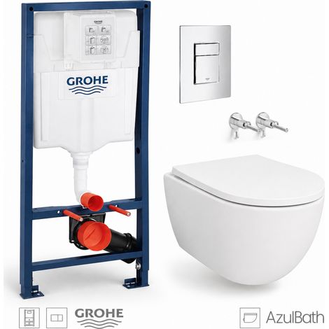 Pack WC Bastidor empotrado GROHE cisterna empotrada y pulsador cromo brillo con inodoro suspendido SWISS 53 cm Tornado y Soft-Close de Azul Bath (1/5)