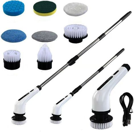 Brosse de nettoyage électrique rechargeable USB – 9 têtes interchangeables – Poignée télescopique – Autonomie 90 min – Vitesse 320 tr/min (1/5)