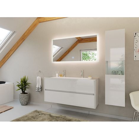 Doppel-Badmöbel Set Taifun 3tlg. 120 cm mit LED Spiegel und Hochschrank weiß Hgl