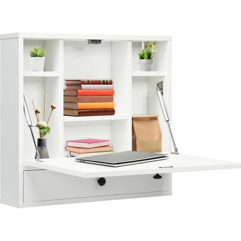 Bureau d'ordinateur Pliable avec Compartiments de Rangement et tiroir, Table Murale Pliante pour Bureau à Domicile et Petites pièces, Blanc (1/5)