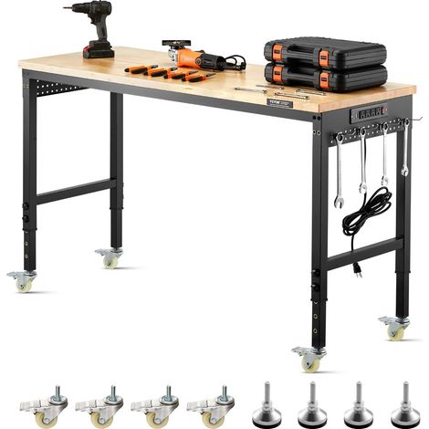 Banc de travail réglable 1524 mm, charge 907 kg, avec prise électrique, roulettes et panneau perforé, plateau en chêne massif pour garage, atelier, bureau et maison. (1/5)