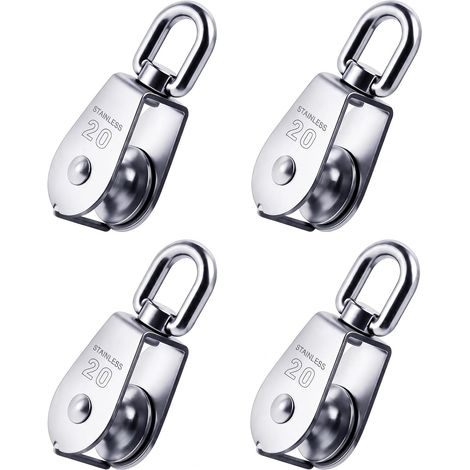 4 Pcs M20 Poulie de Levage Simples pour Grue, avec 4 Mousquetons M6 Poulies pour Cordes, poulie simple pivotantes à 360° en acier inox, rouleaux de câble pour levage, charge jusqu'à 75 kg (1/5)
