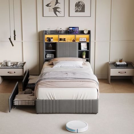 Letto semplice - 90x200 - Testiera imbottita in lino grigio - LED RGB controllabile - 2 cassetti di stoccaggio