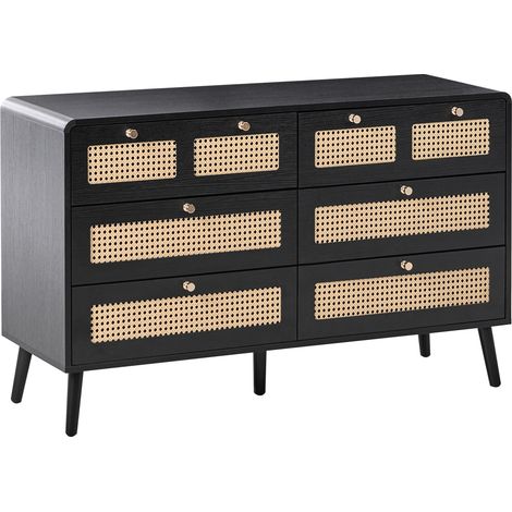 Cómoda MDF 6 cajones patas de madera tiradores dorados estilo boho ratán sintético negro Moura