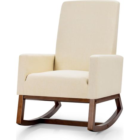 COSTWAY Sedia a Dondolo Moderna, Poltrona Imbottita in Tessuto con Base in Legno di Gomma, Seduta Imbottita in Lino, Schienale Alto, Tasca Laterale, per Salotto e Camera da Letto
