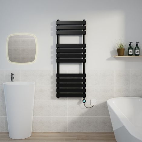 Flat Electric Towel Rail Thermostatic Timer Black 1200x450mm