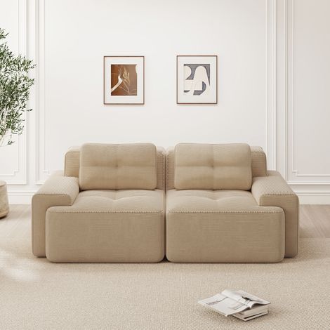 Canapé 2 places 220 cm en chenille jaune, style nuage, assise profonde, 2 coussins lombaires et 2 coussins déco, cadre bois massif (1/5)