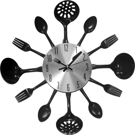 JSSEVN-Horloge murale de cuisine noire - Horloge murale moderne amovible - Décoration d'intérieur avec couverts, cuillères, fourchettes