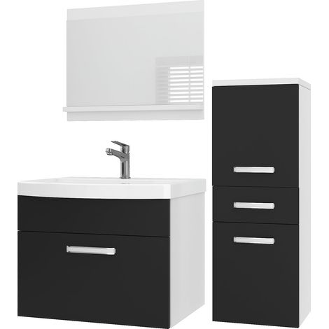 BELINI Meuble de Salle de Bain PRI M2 90 cm - Meuble avec Vasque Céramique + Miroir avec Étagère - Suspendu - Noir Mat (1/5)