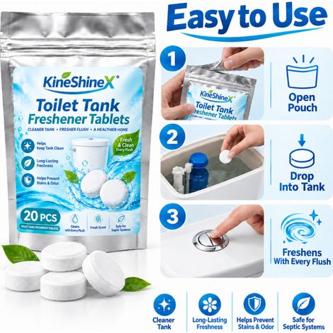 KineShineX Toilet Tank Freshener Tablets, 20 tablets per pack, white round effervescent tablets for deodorizing and cleaning toilet tanks. (1/4)