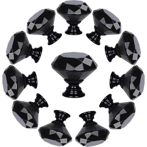 Lot de 10 boutons de tiroir en verre cristal en forme de diamant (30 mm, entièrement noirs) - Poignées de porte pour meubles (1/4)