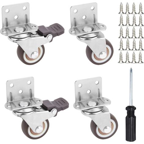 32mm Roulettes pour Meubles Lot de 4 (2 avec Frein), Platine de Fixation en L Charge 80kg, Roues en Caoutchouc TPE Silencieuses pour Table Basse, Support Plantes - Incl. Tournevis et Vis (1/5)