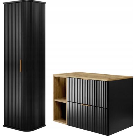 Rodan Badmöbel Set Schwarz Matt und Eiche Craft, Waschbeckenunterschrank 46 x 80 x 57 cm und Hochschrank 35 x 139 x 31 cm, feuchtraumgeeignet