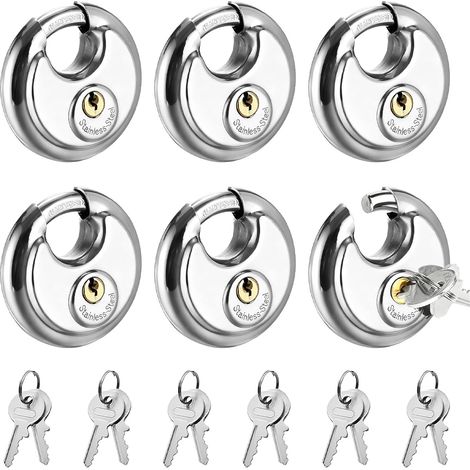 Lot de 6 Cadenas Rond en Acier Inoxydable, Cadenas à Disque Robuste Antirouille avec 12 Clés pour Salle de Sport, Vélo, Boîte à Outils, Valise (1/5)