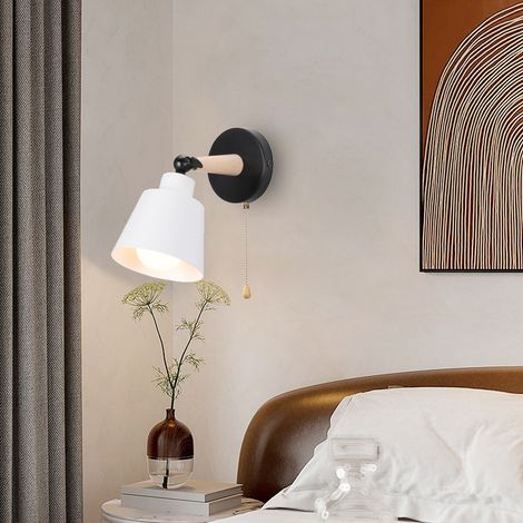 Metall Hölzern Wandleuchte, E27 Wandlampe + 1,8M Steckdose, Nordisch Moderne Leuchte in Macaron-Farbe für Schlafzimmer Wohnzimmer Café Mattweiß 1PCS (1/4)