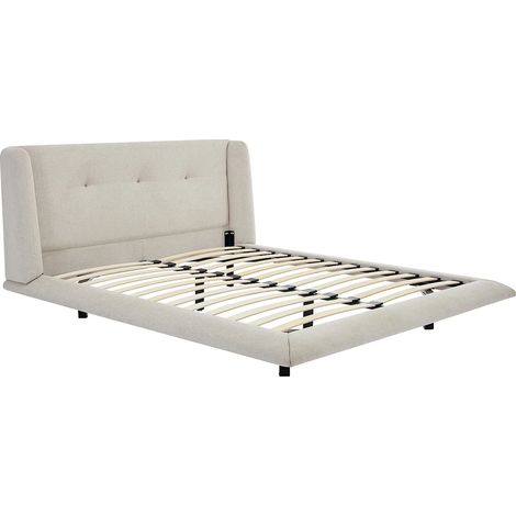 Lit 140 x 190 cm avec tête de lit capitonnée - Tissu - Beige - PENAVI (1/5)