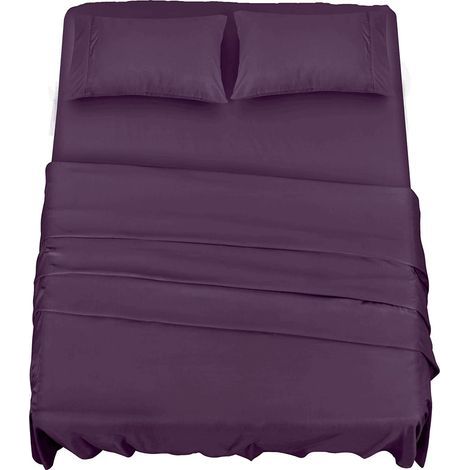 Polyester Microfibre Parure de lit (4 pièces, Pourpre) - 1 Drap Housse 150x200cm, 1 Drap Plat 266x259cm et 2 Taies d'oreiller 50x75cm (1/5)