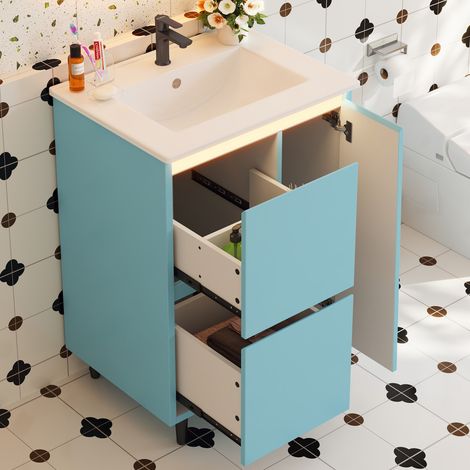 Ensembles meuble de salle de bains, meuble vasque de salle de bain sur pied 61x46,5x 87, vasque, peinture cuite, 2 tiroirs, bleu (1/5)
