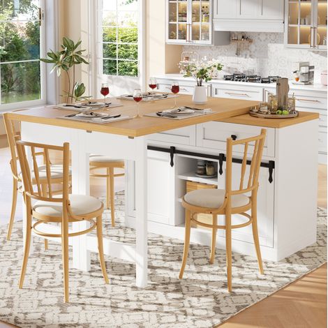 Isla de cocina giratoria 360°, de 120 a 197 cm, con puertas correderas, 2 cajones y estantes ajustables, estilo rústico, color blanco (1/5)