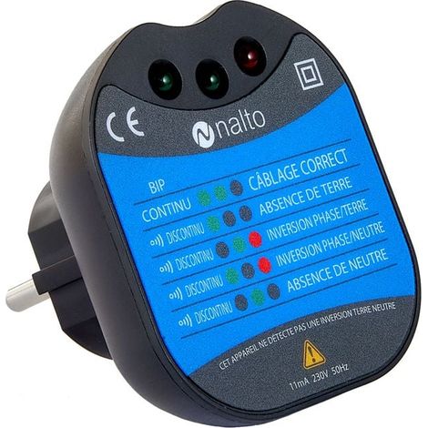 Testeur de prise 230V – Détecteur de tension avec diodes lumineuses – Courant d'entrée max 11A – Classe II double isolation – Nalto