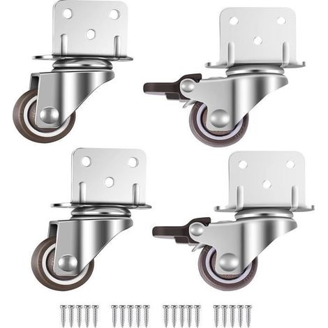 Lot de 4 petites roulettes pivotantes pour meubles, 25 mm avec frein, plaque en L (25 mm) (1/4)
