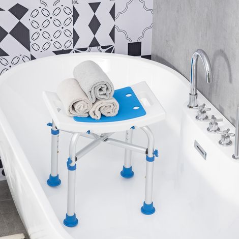 Duschhocker/Duschstuhl – gepolsterter und verstellbarer Sitz, rutschfeste Saugfüße, blaues Aluminium