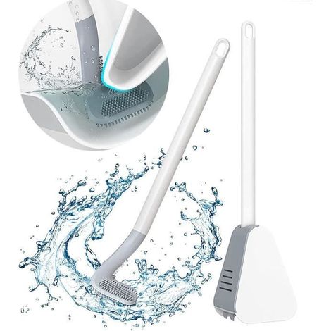 Brosse de toilette en silicone blanche avec support mural et long manche (1/4)
