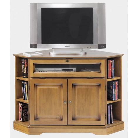 Beaux Meubles Pas Chers – Meuble TV d'angle 2 portes plaqué merisier – Largeur 114 cm – Hauteur 77 cm – Profondeur 77 cm – 1 abattant vitré (1/5)