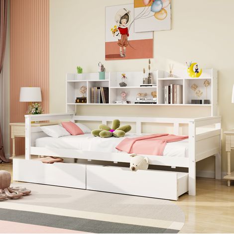 Cama sofá moderna 90x200 cm de madera y metal blanca, con 2 cajones, estantes laterales y somier de láminas (1/5)