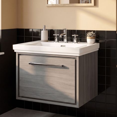 Hudson Reed Lille Wall Hung 1-Drawer Vanity Unit with 1TH Classique Basin 600mm Wide - Coastal Grey (1/5)