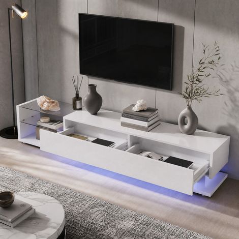 TV-Lowboard 170 x 36 x 38 cm, weiß glänzend mit 2 Schubladen, 2 Glasablagen und LED, HAVRYA (1/5)