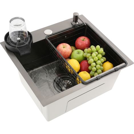 Évier de cuisine – Évier 1 bac en acier inoxydable 201 – 45 x 40 cm – Avec distributeur de savon, panier de vidange et lave--verres – Anti-éclaboussures et insonorisation (1/5)