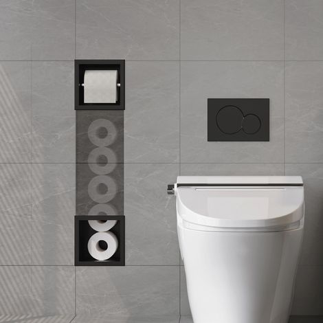 Armoire encastrée en acier inoxydable avec porte-papier toilette, armoire de salle de bain encastrée, armoire WC étroite, 74 x 15 x 14 cm, noir (1/5)