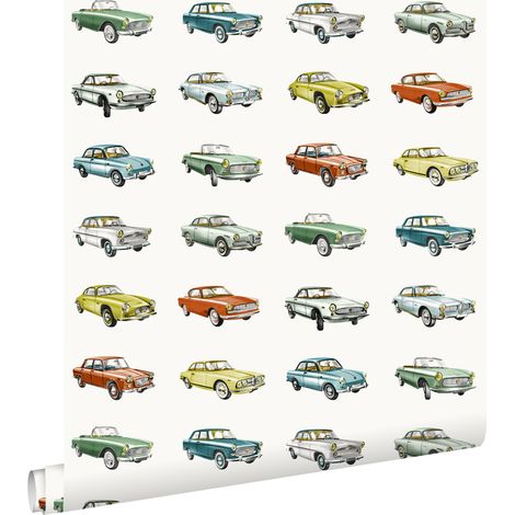 papier peint voitures anciennes vintage orange, jaune ocre et vert  - ESTAhome (1/5)