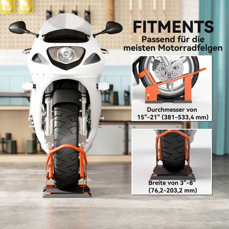Support moto pour roue avant 15-21 pouces (381-533,4 mm), bascule ajustable, charge max 816,5 kg, couleur orange (1/4)