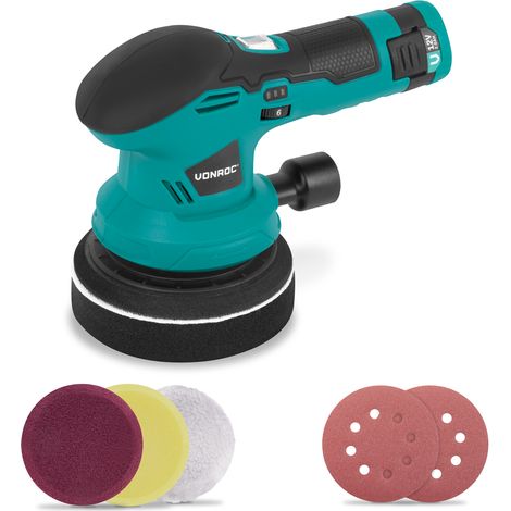 VONROC Poliermaschine 12V – Ø 125 mm – Dual-Action – 2-in-1: Polieren und Schleifen  Inkl. Akku, USB-C-Kabel, 4 Polierscheiben und Schleifpapier