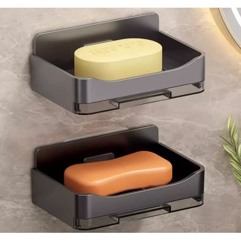 Jabonera de baño de 2 piezas, soporte de plástico con drenaje, apto para baño y cocina, sin necesidad de taladrar (negro y gris)