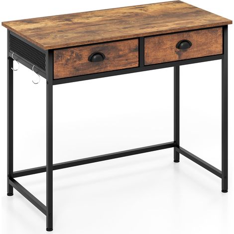COSTWAY Computer Desk Space Saving Home Office Desk w/2 Fabric Drawers-Coffee (1/5)