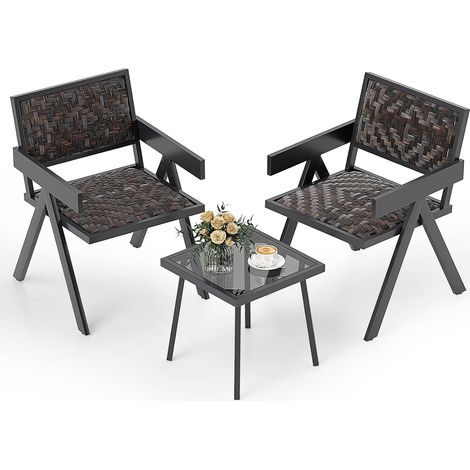 COSTWAY 3 Pcs Patio PE Wicker Bistro Set Patio Table and Chairs Set-Mix Brown (1/5)