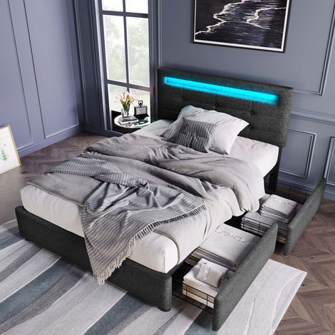 Lit simple 90x200 cm avec LED, 2 tiroirs, tête de lit réglable, sommier à lattes bois, tissu lin gris sans matelas (1/5)