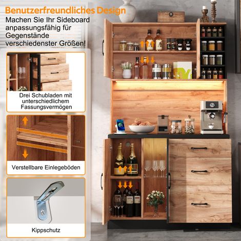 Armoire haute de cuisine 105x40x180 cm, noir imitation bois, luminaire LED intégré, tablettes ajustables, prise européenne, parfaite pour salon, salle à manger, cuisine.